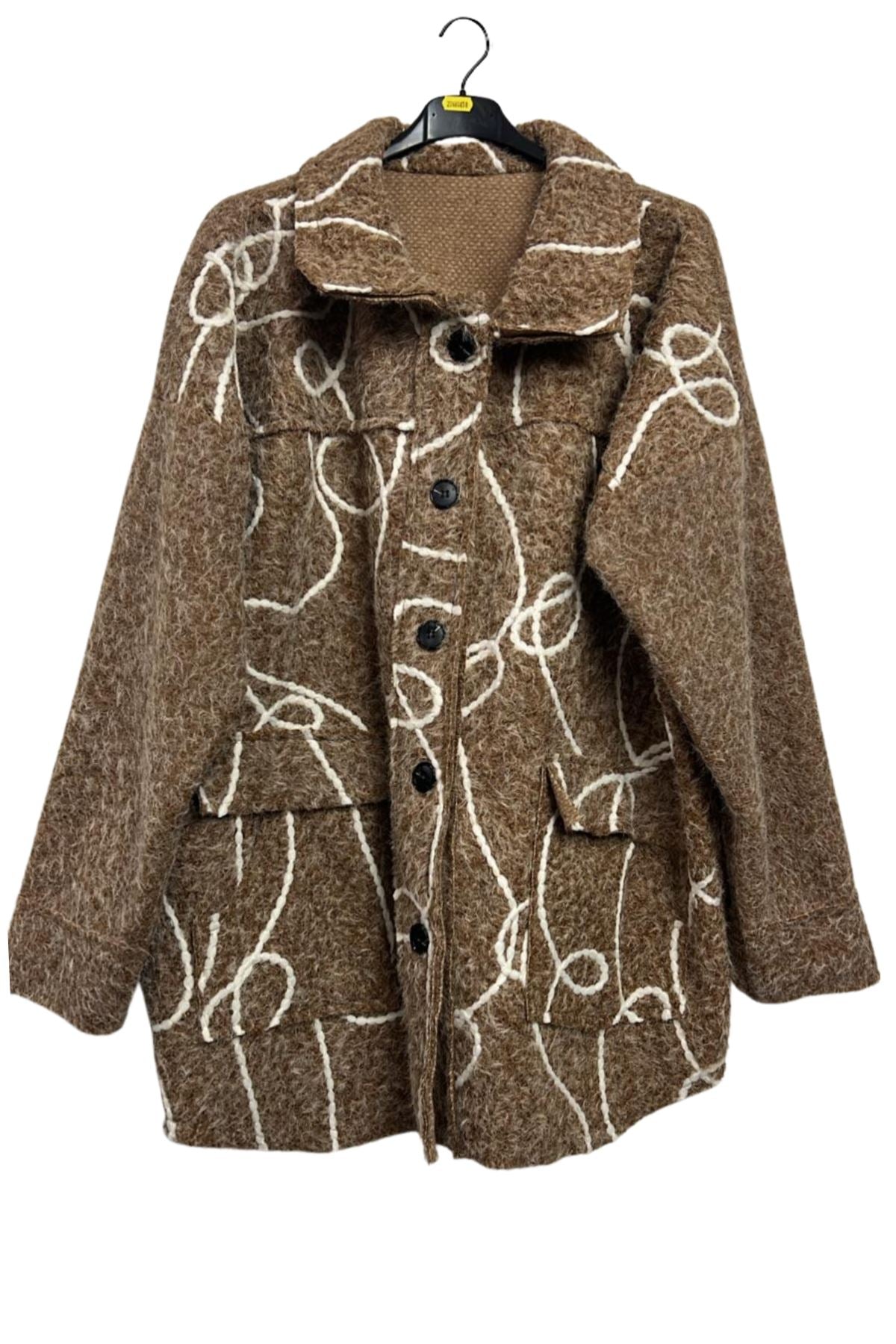 Swirl Pattern Button Closing Front Two Flap Pockets Coat
