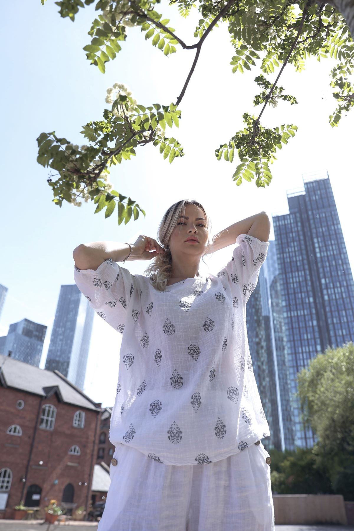 Block Print-Style Motifs Tunic Silhouette Cotton Top