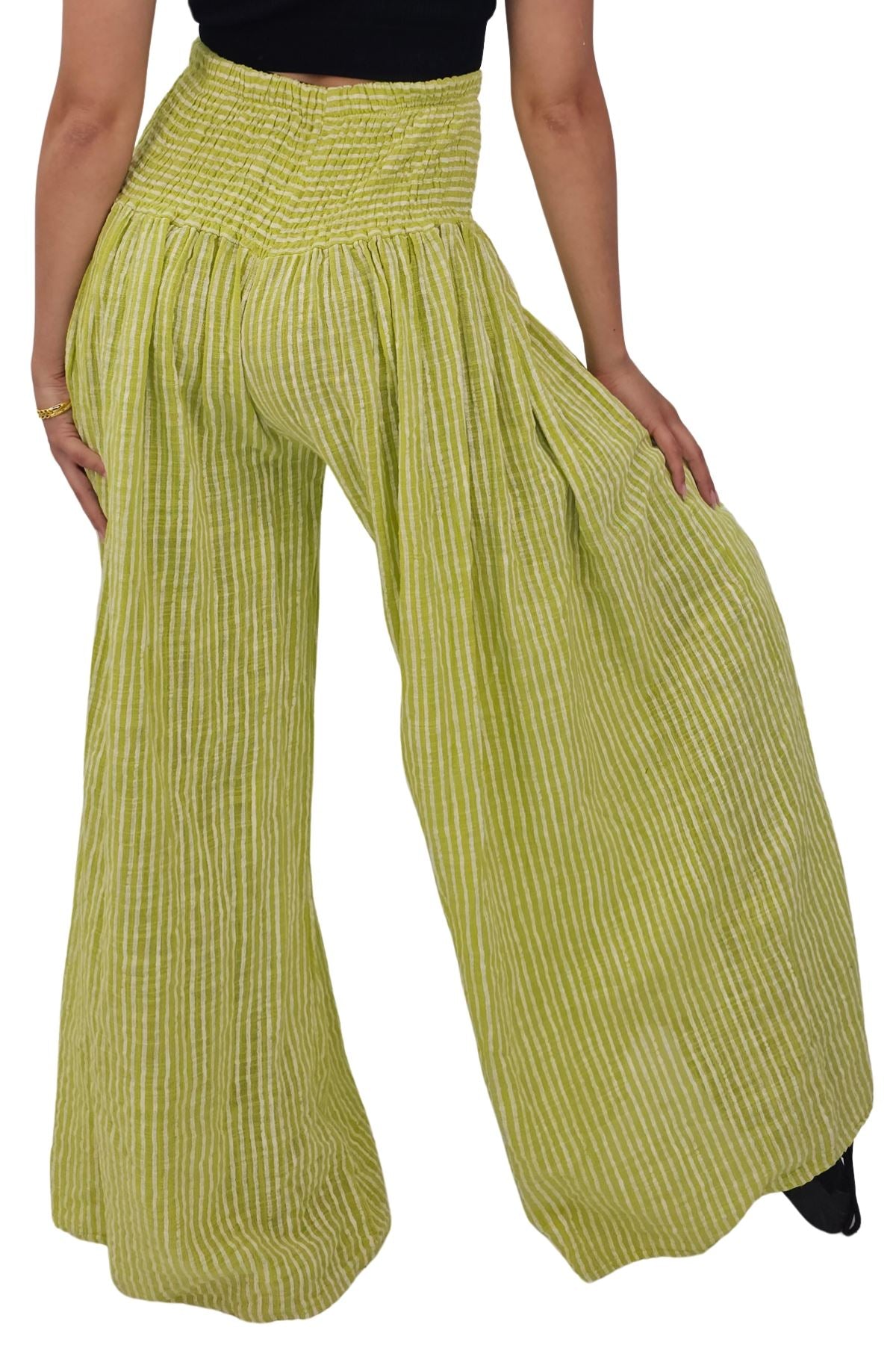 Vertical Stripes Print Smocked Waistband Wide Leg Cotton Palazzo