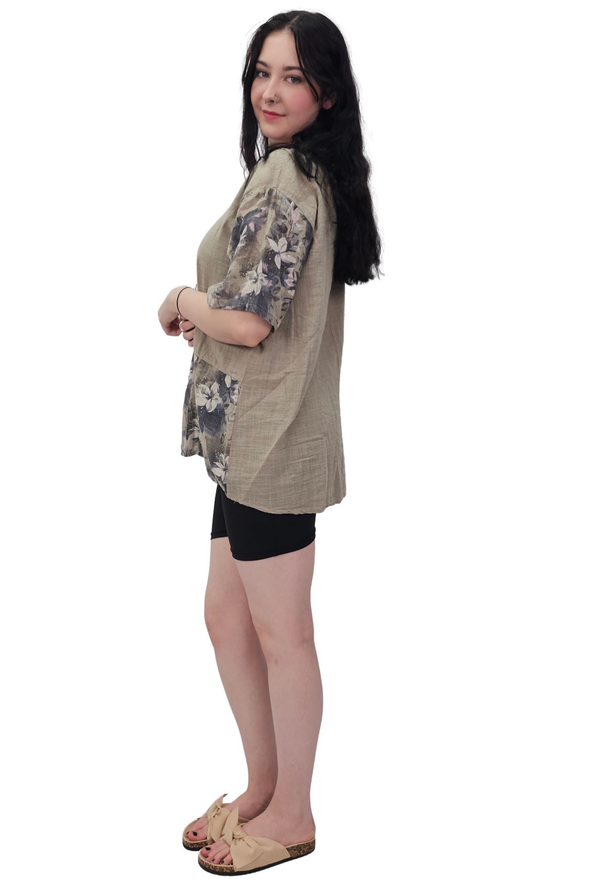 Floral Print Necklace Oversized Tunic Cotton Top