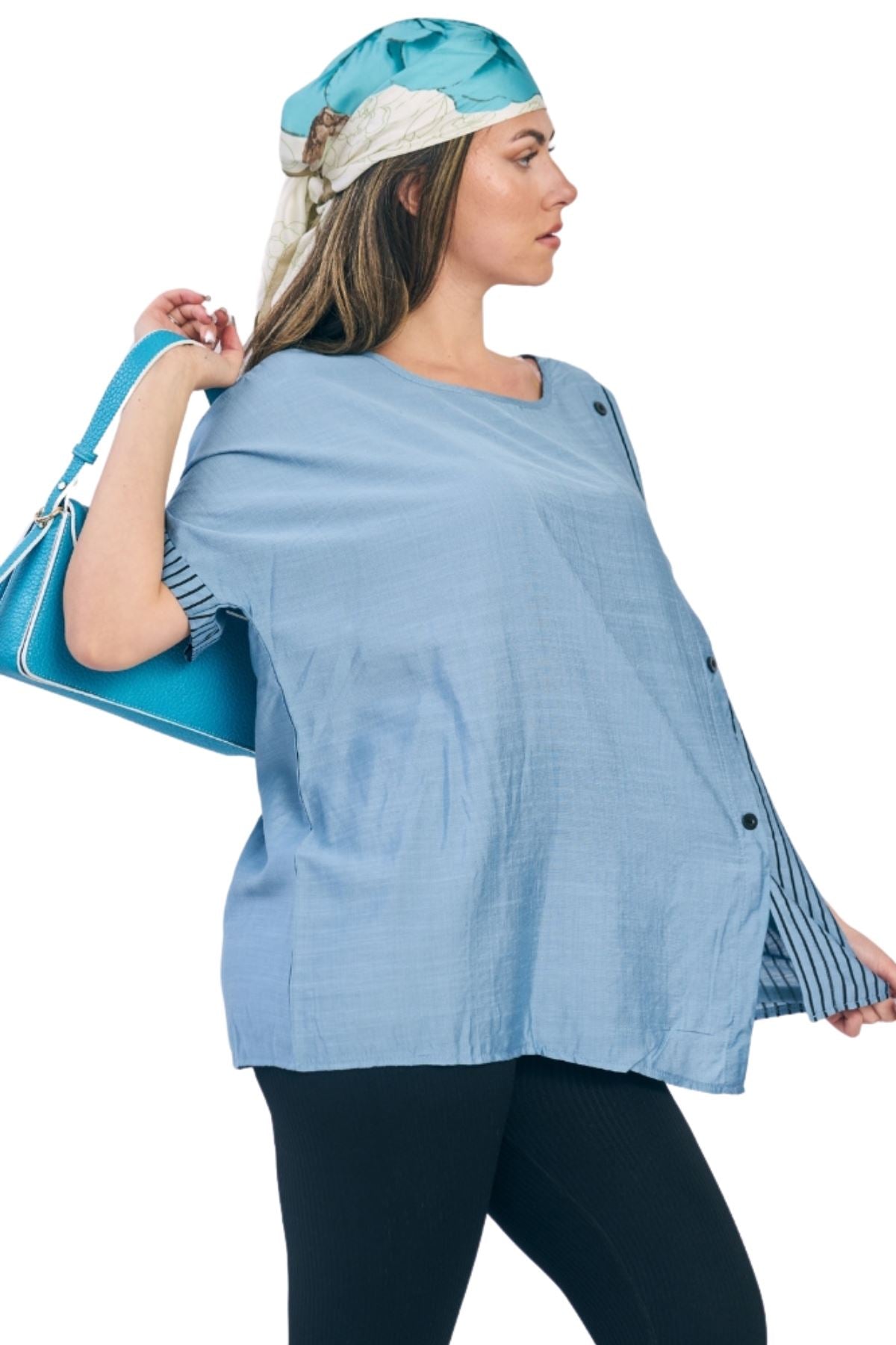 Stripe Print Side Button Detail Cotton Top