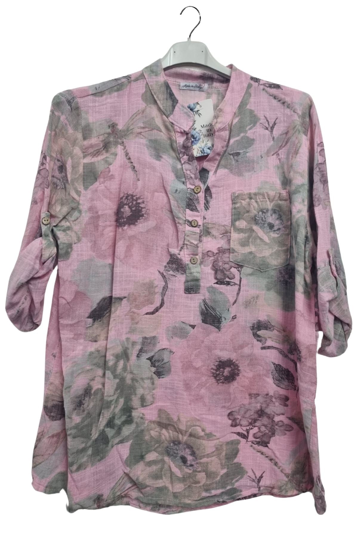 Floral Print Chest Pocket Oversized Tunic Cotton Top