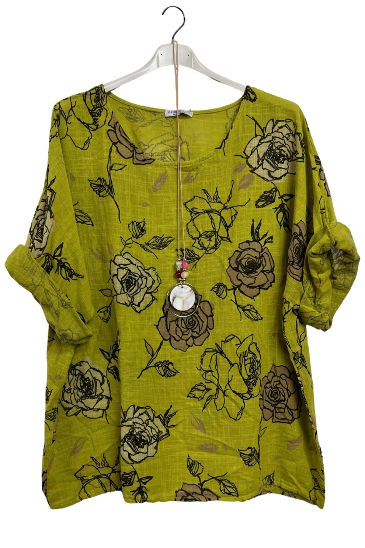 Rose Flower Print Oversized Necklace Tunic Cotton Top