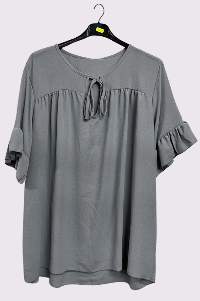 Plain Tie Neck Ruffle Sleeve Top