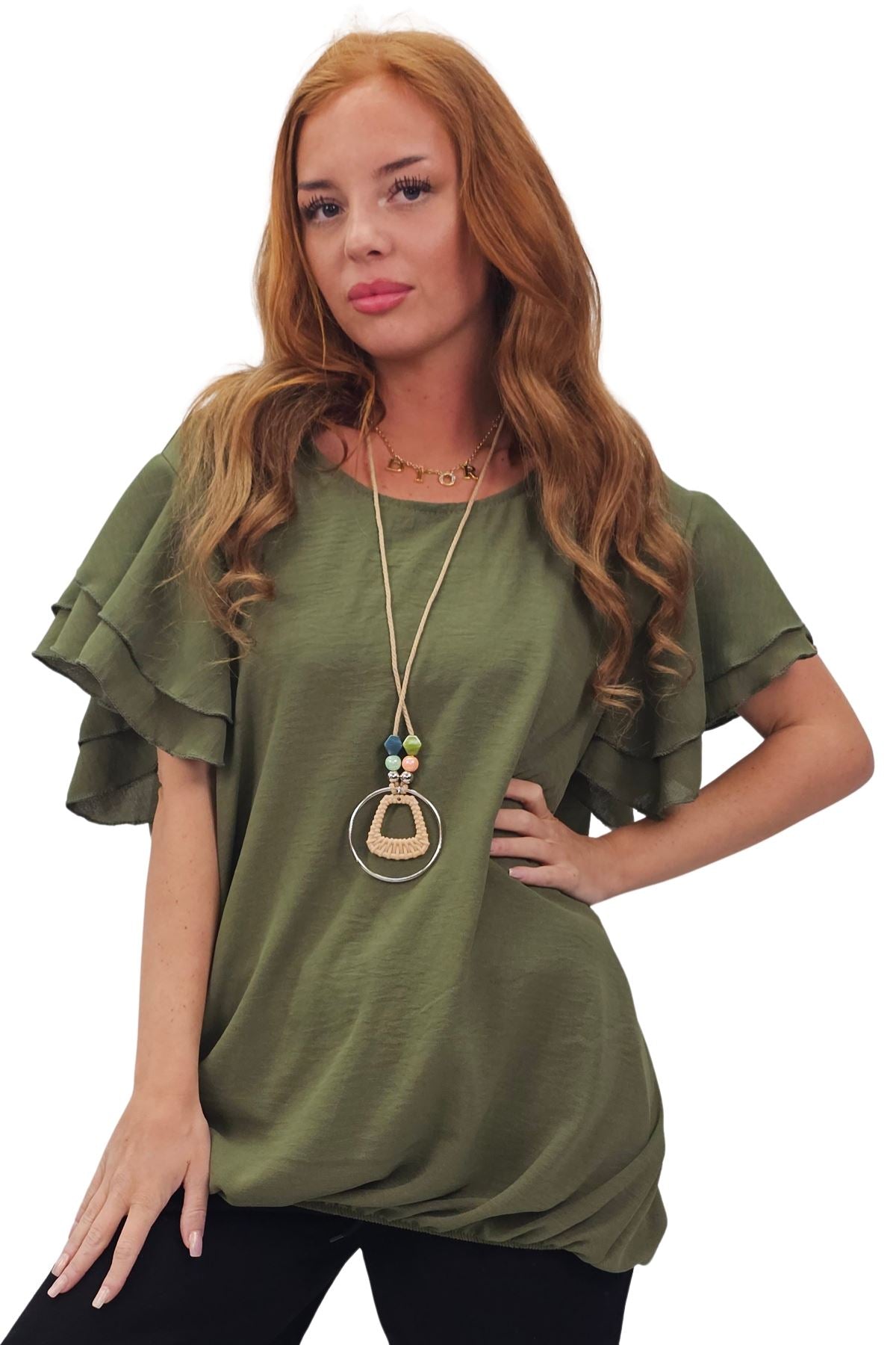 Plain Flutter Sleeves Elastic Hemline Top