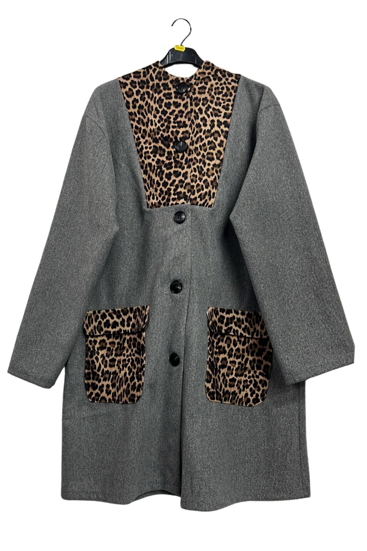 Leopard Print Button-Up Front Two Pockets Coat