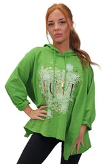 Love Flower Foil Print String Hoody High Low Hem Cotton Hoodie