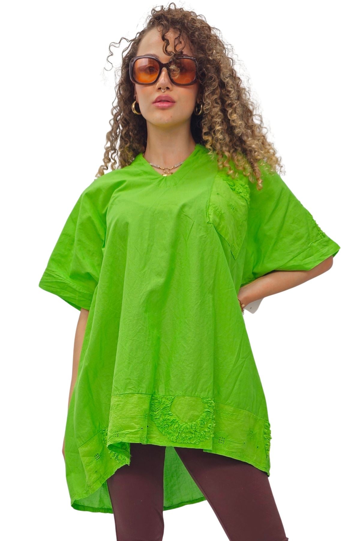 Plain Chest Pocket Lace Embroidered Detailing Cotton Top