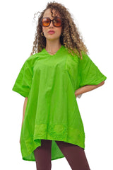 Plain Chest Pocket Lace Embroidered Detailing Cotton Top