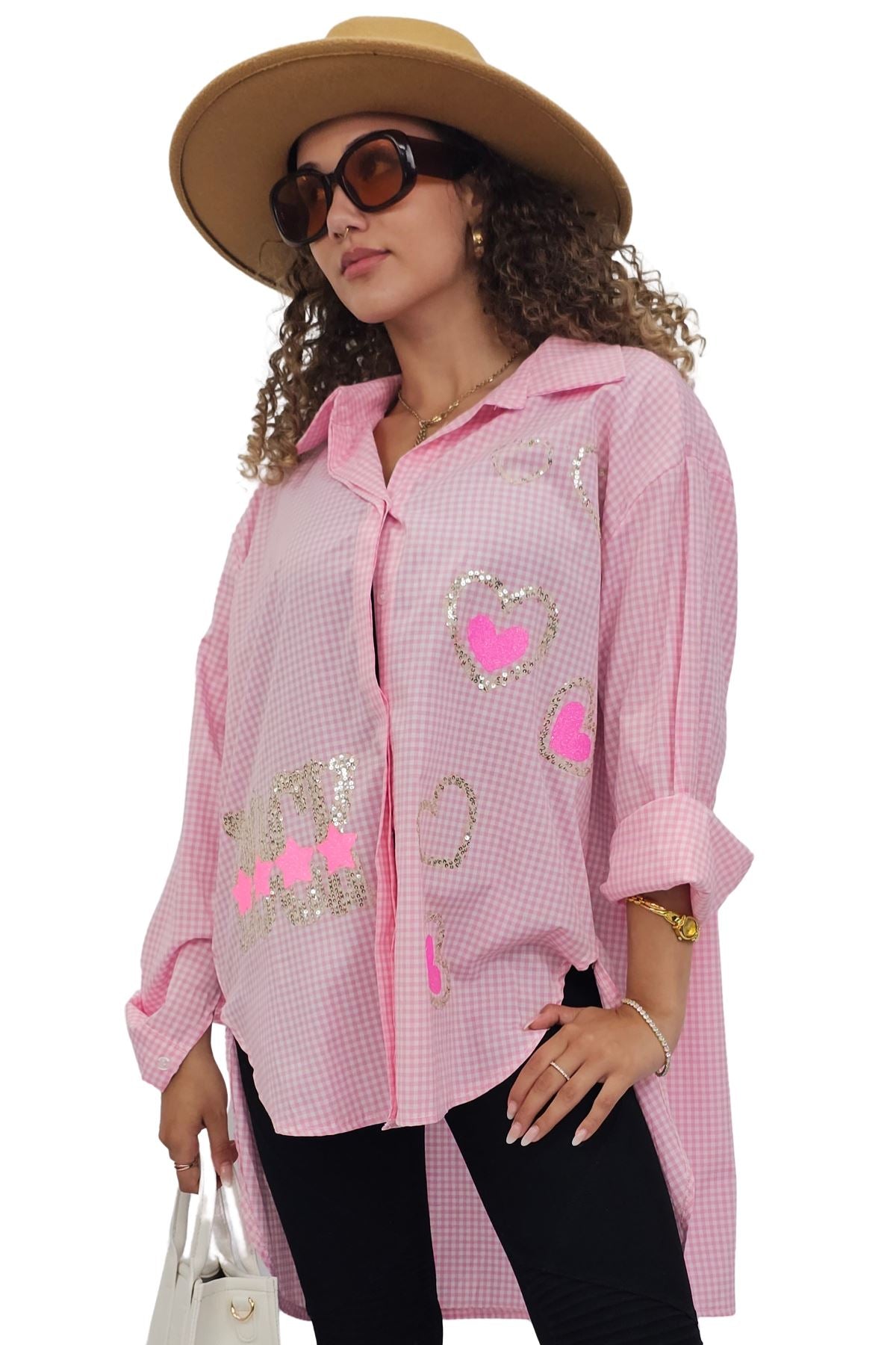 Stripe Rock Heart Star Sequin Motif Cotton Shirt