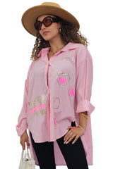 Stripe Rock Heart Star Sequin Motif Cotton Shirt