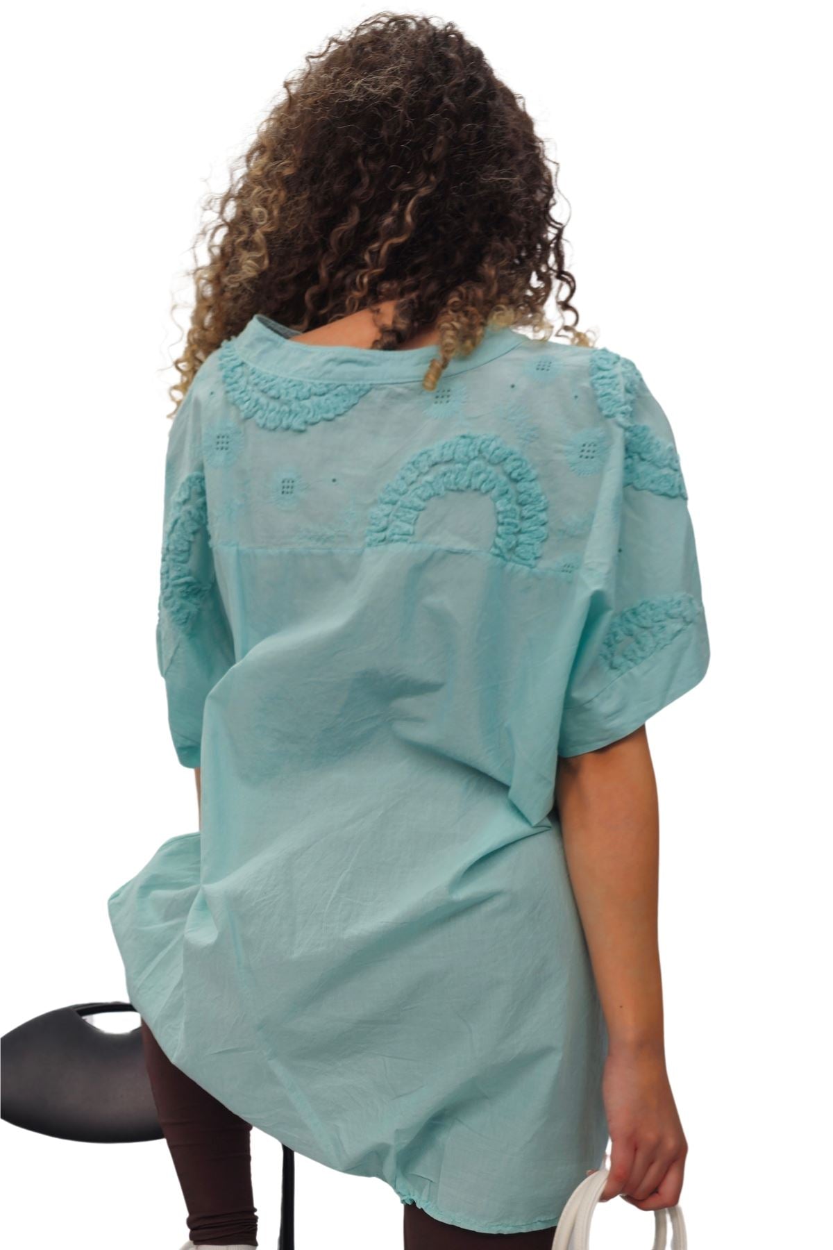 Plain Chest Pocket Lace Embroidered Detailing Cotton Top