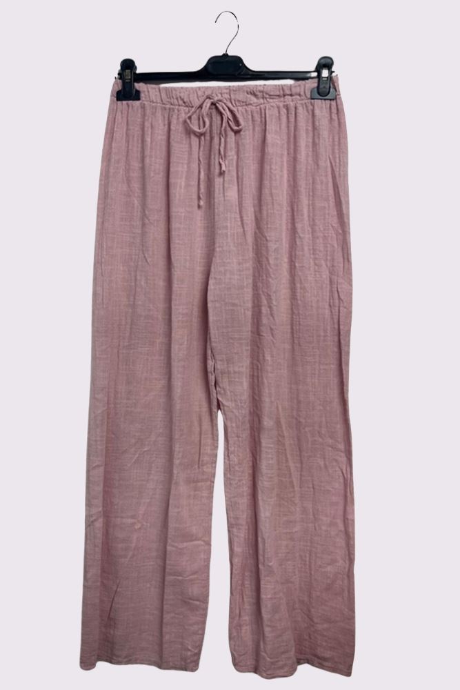 Plain Drawstring Wide Legs Cotton Trousers