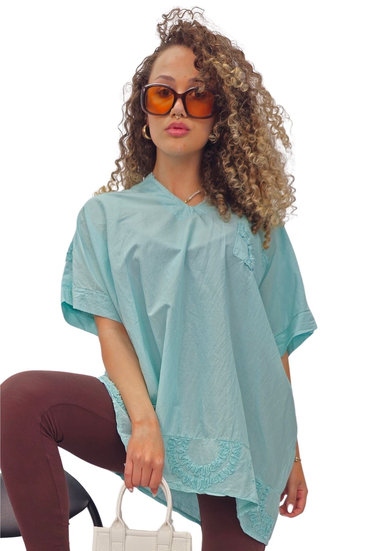 Plain Chest Pocket Lace Embroidered Detailing Cotton Top