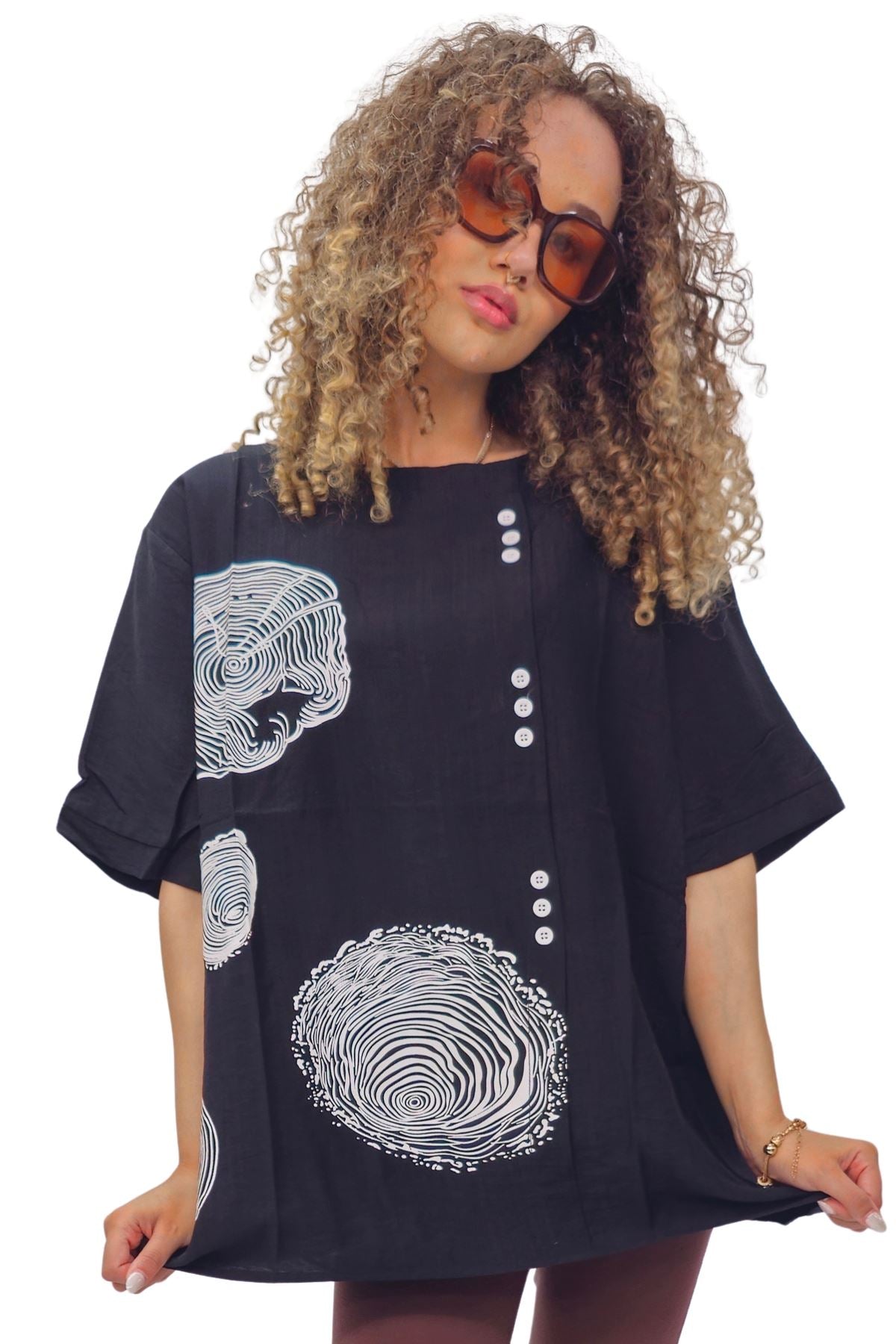Tree Ring Print Front Button Detail Cotton Top