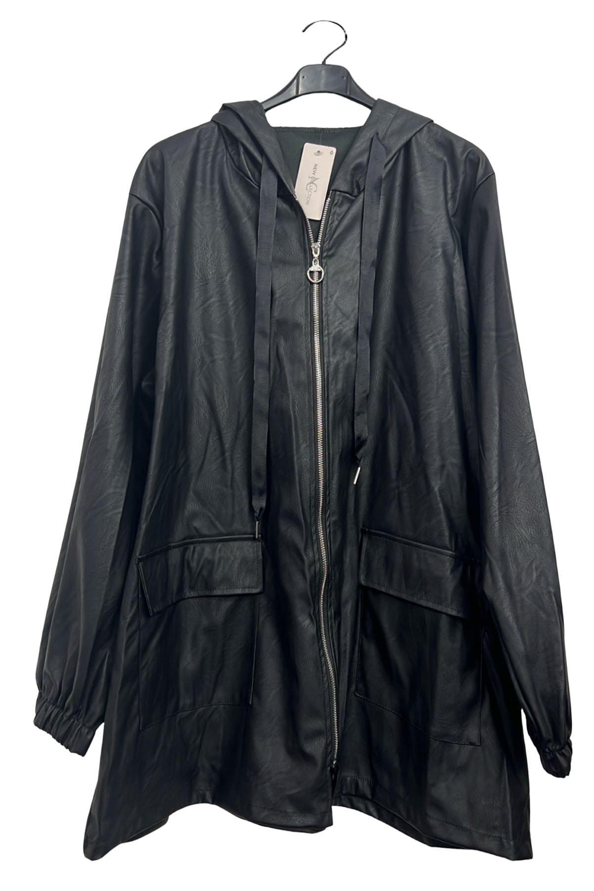 Plain Front Flap Pockets Faux Leather Hooded Jacket