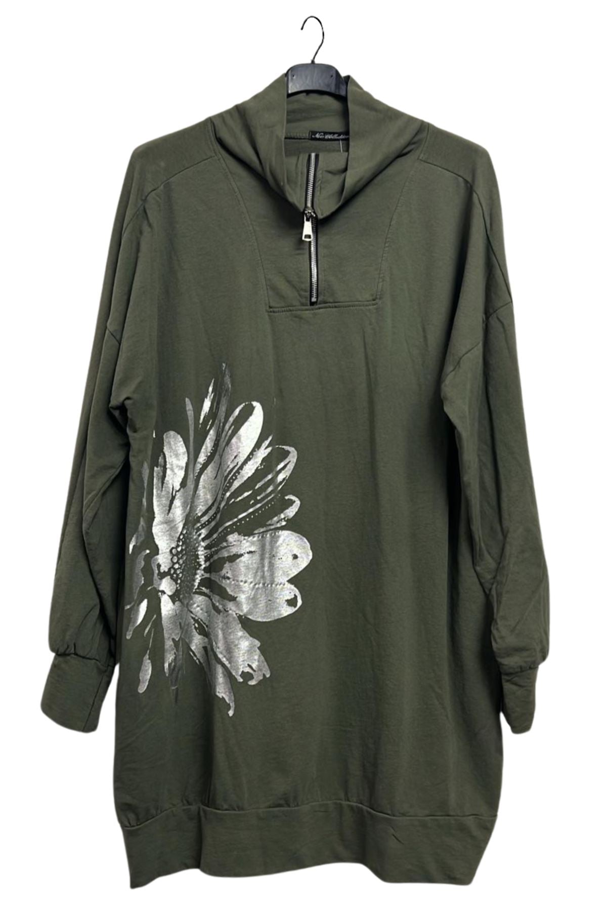 Metallic Foil Flower Pattern Front Zip Cuffed Hem Cotton Top