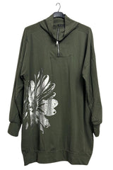 Metallic Foil Flower Pattern Front Zip Cuffed Hem Cotton Top