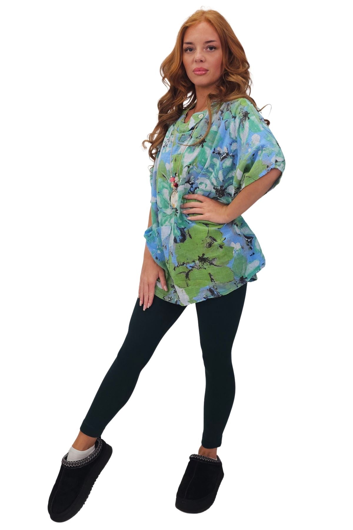 All-Over Floral Print Neck Button Top