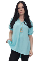Plain Short Puff Sleeves Necklace Top