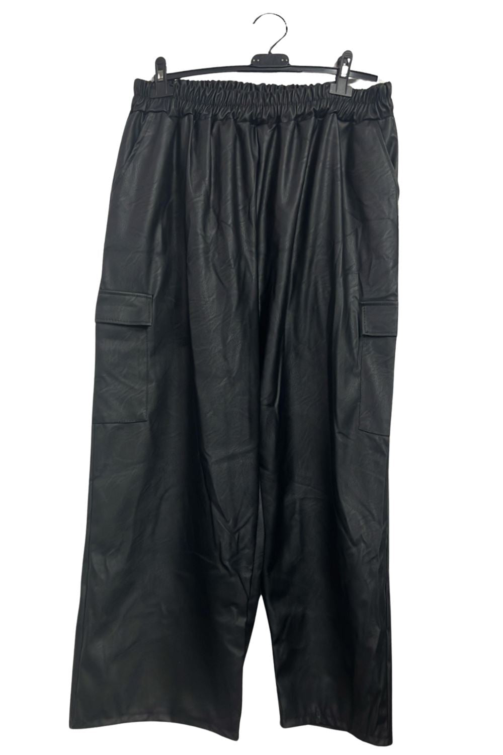 Plain Faux PU Leather Wide Leg Cargo Trousers