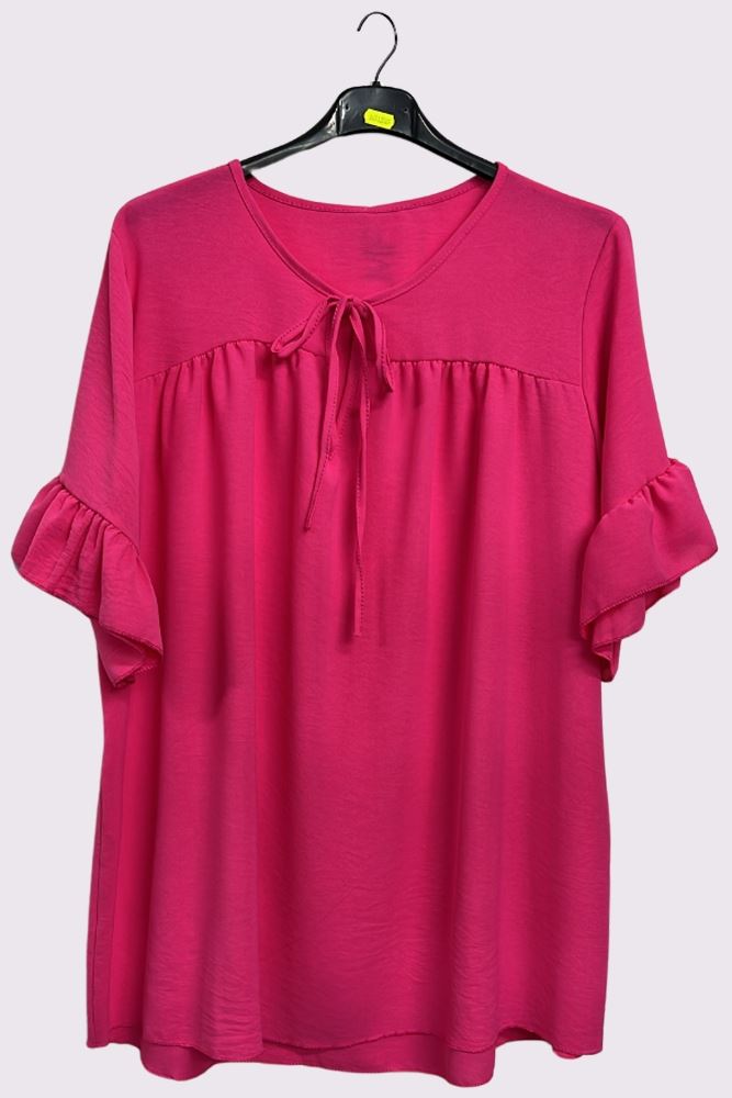 Plain Tie Neck Ruffle Sleeve Top