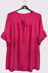 Plain Tie Neck Ruffle Sleeve Top