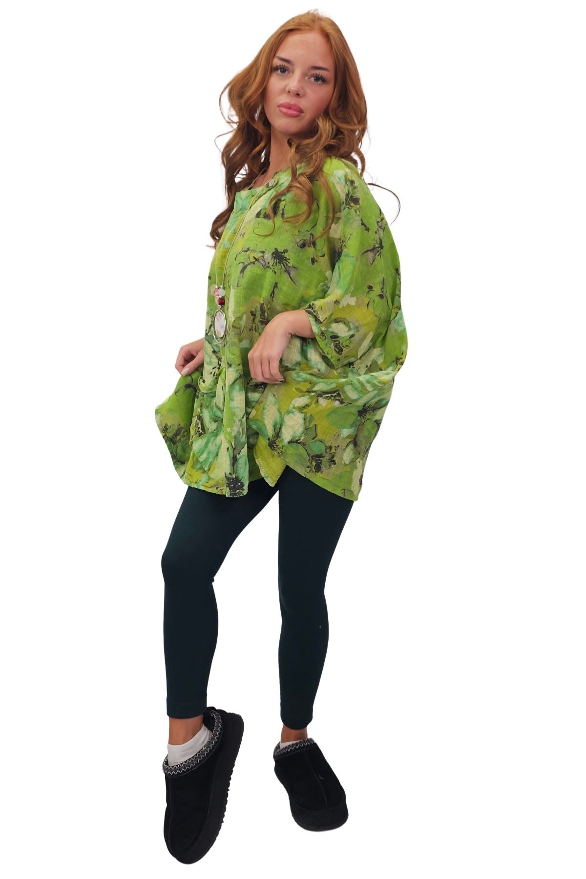 All-Over Floral Print Neck Button Top