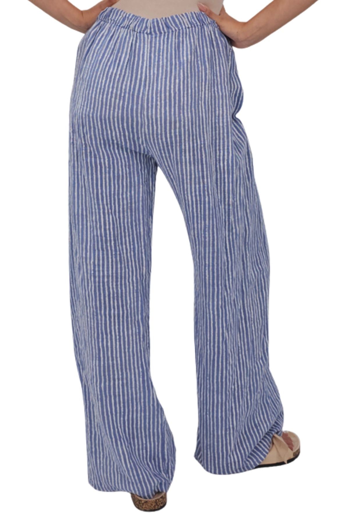Stripe Print Elasticated Waistband Wide Leg Cotton Trousers