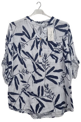 Leaf Print Chest Pocket Cotton Top