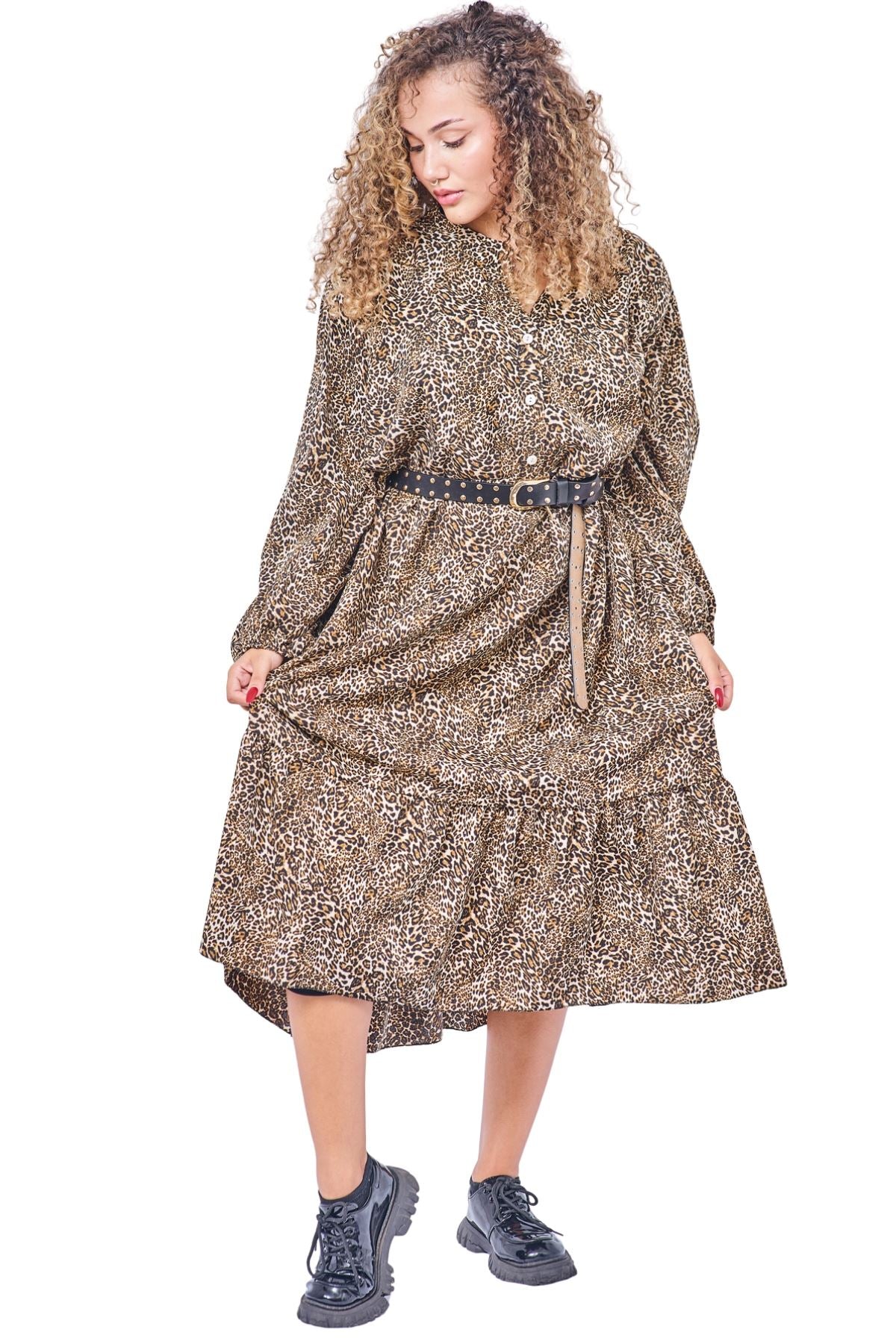 All-Over Leopards Print Button-Front Dress