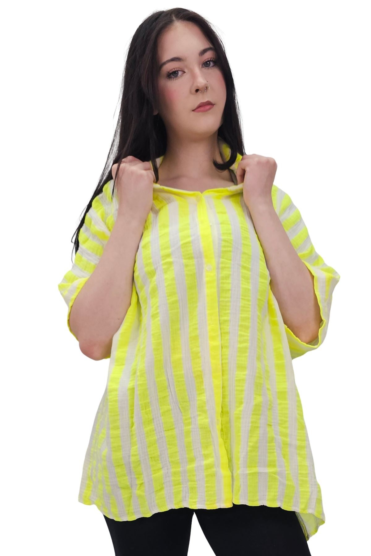 Vertical Stripes Print Front Button Down Cotton Shirt