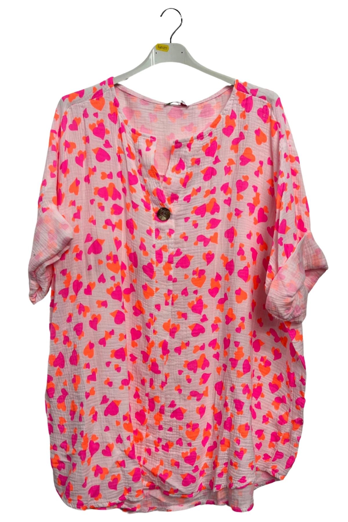 Heart Print Button-Front Detail Cotton Top