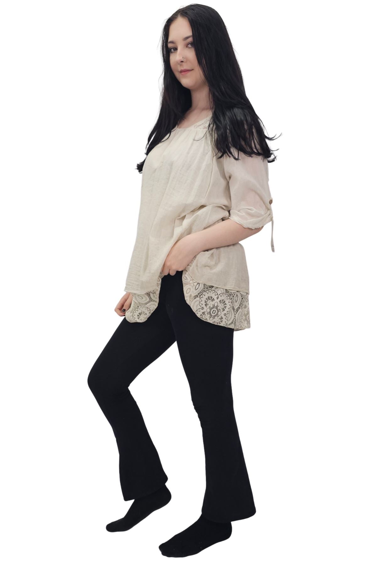 Floral Pattern Lace Detailing Layered Hem Cotton Top