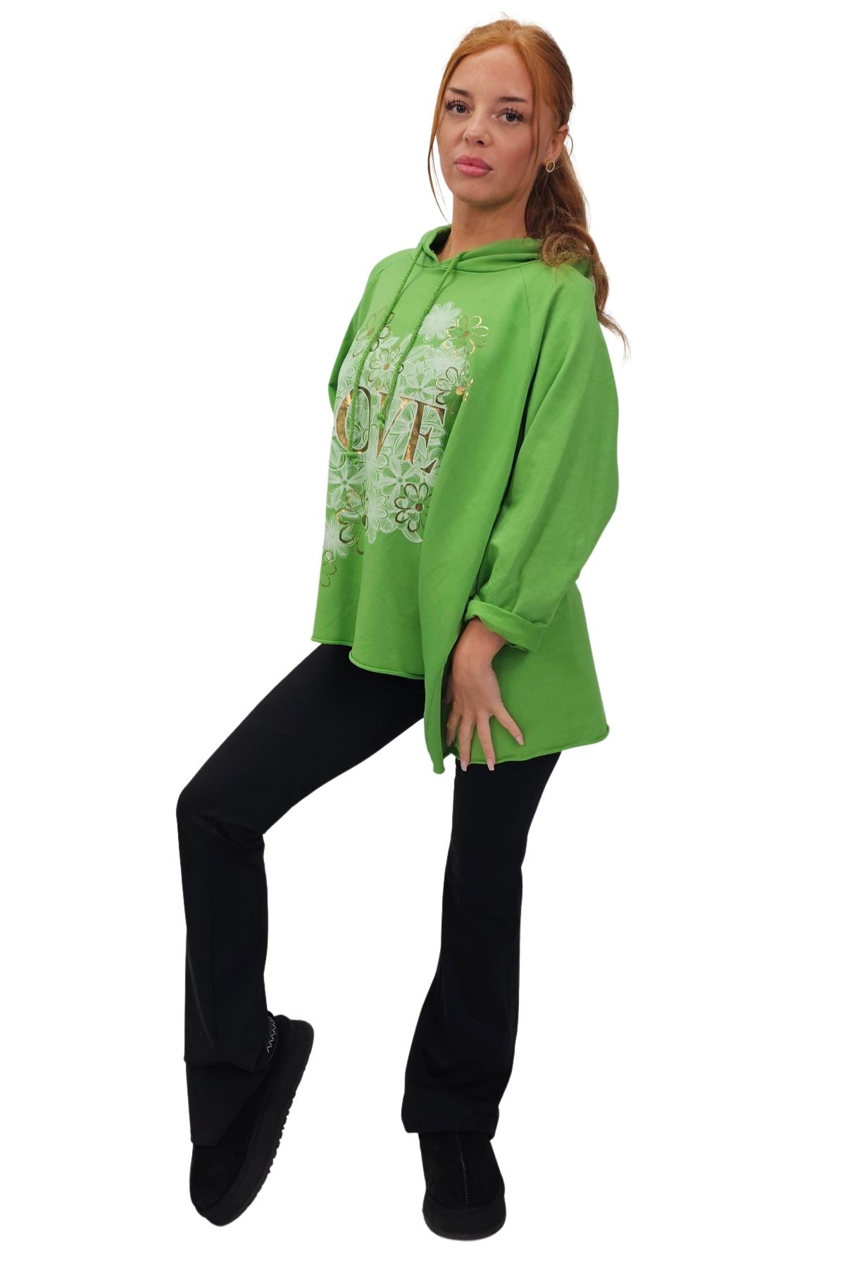 Love Flower Foil Print String Hoody High Low Hem Cotton Hoodie