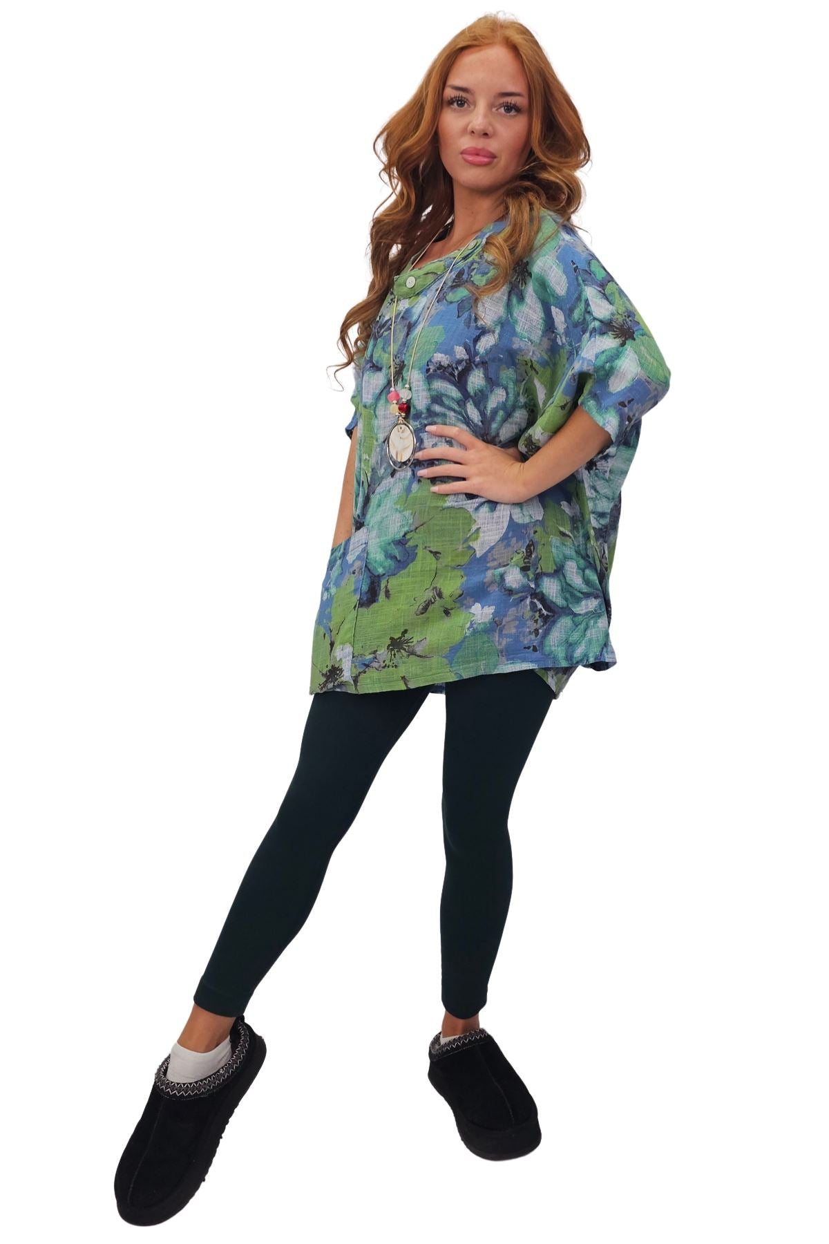 All-Over Floral Print Neck Button Top