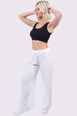 Plain Drawstring Wide Legs Cotton Trousers