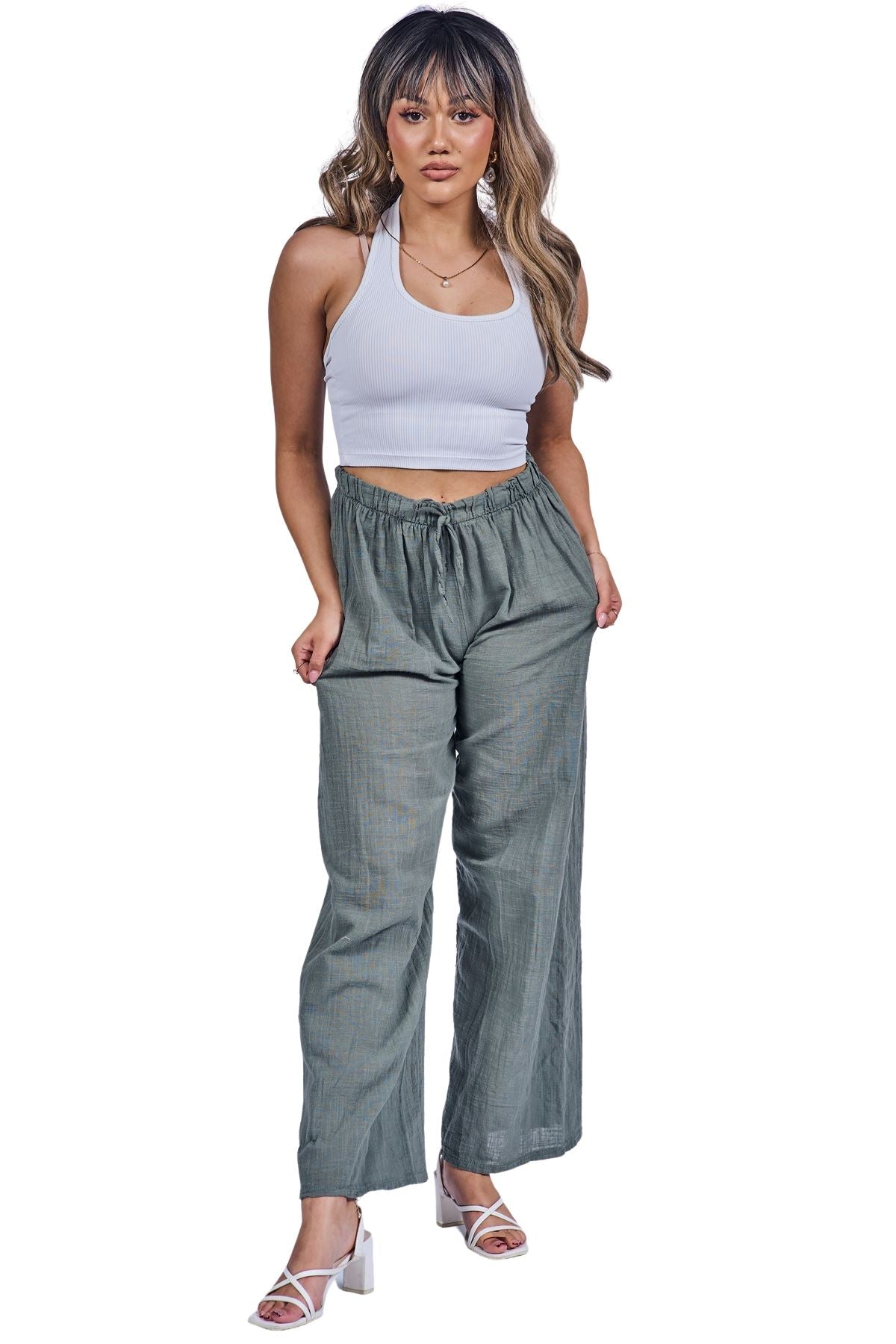 Plain Drawstring Wide Legs Cotton Trousers
