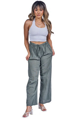 Plain Drawstring Wide Legs Cotton Trousers