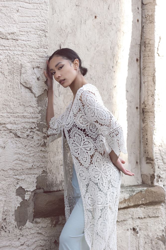Floral Crochet Pattern Drawstring Fastening Cotton Long Cardigan