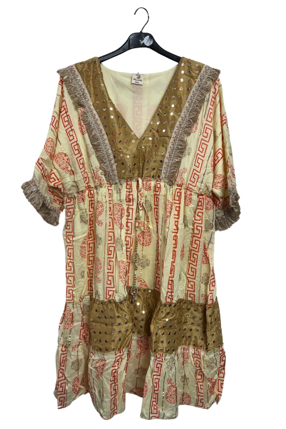 Geometric Greek Key Pattern Sequin Embellishments Bohemian Dress