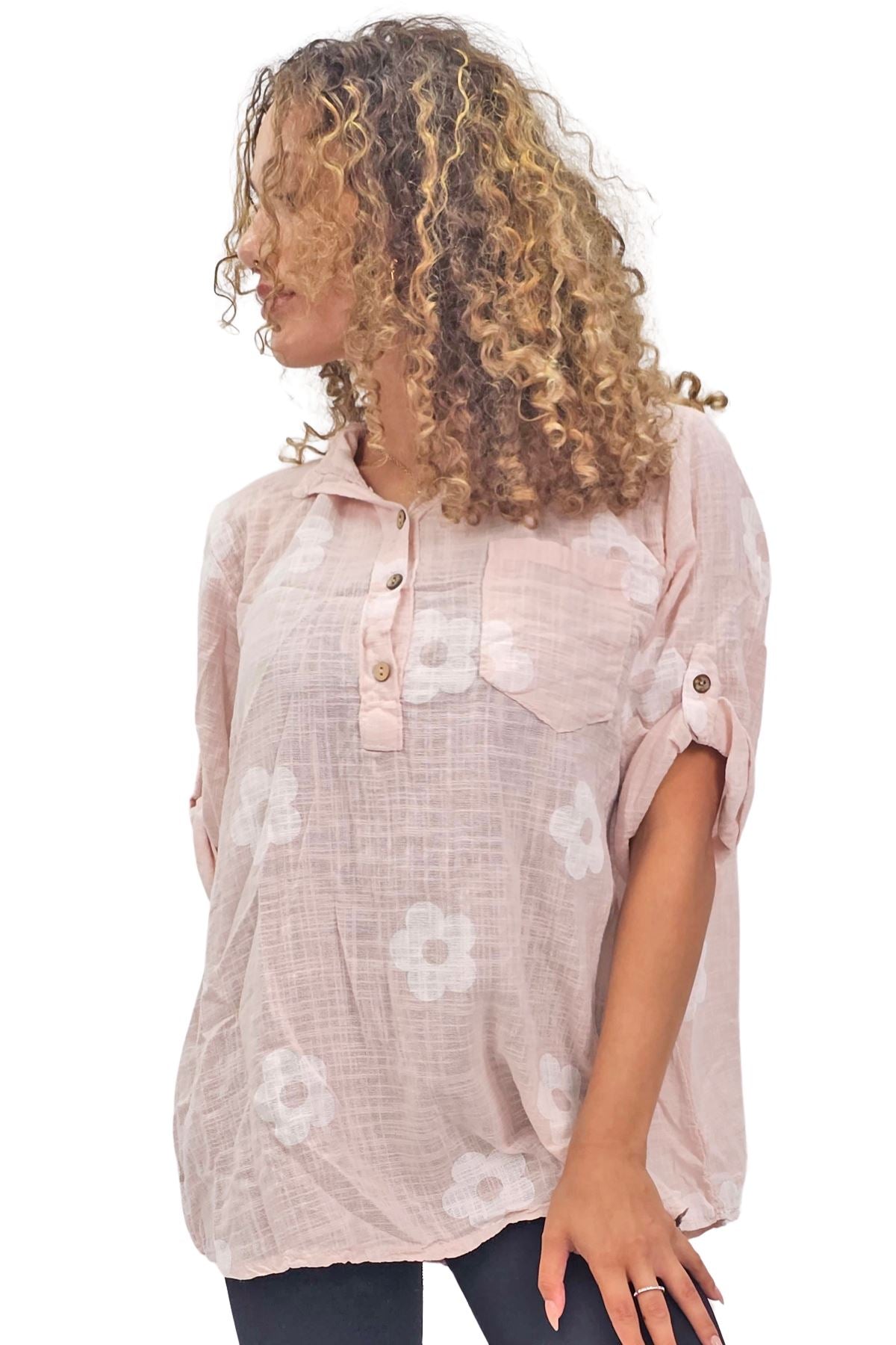Floral Print Single Chest Pocket Cotton Top