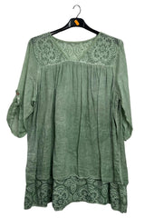 Floral Pattern Lace Detailing Layered Hem Cotton Top