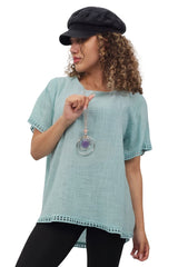 Plain Lace Hem Necklace Cotton Top