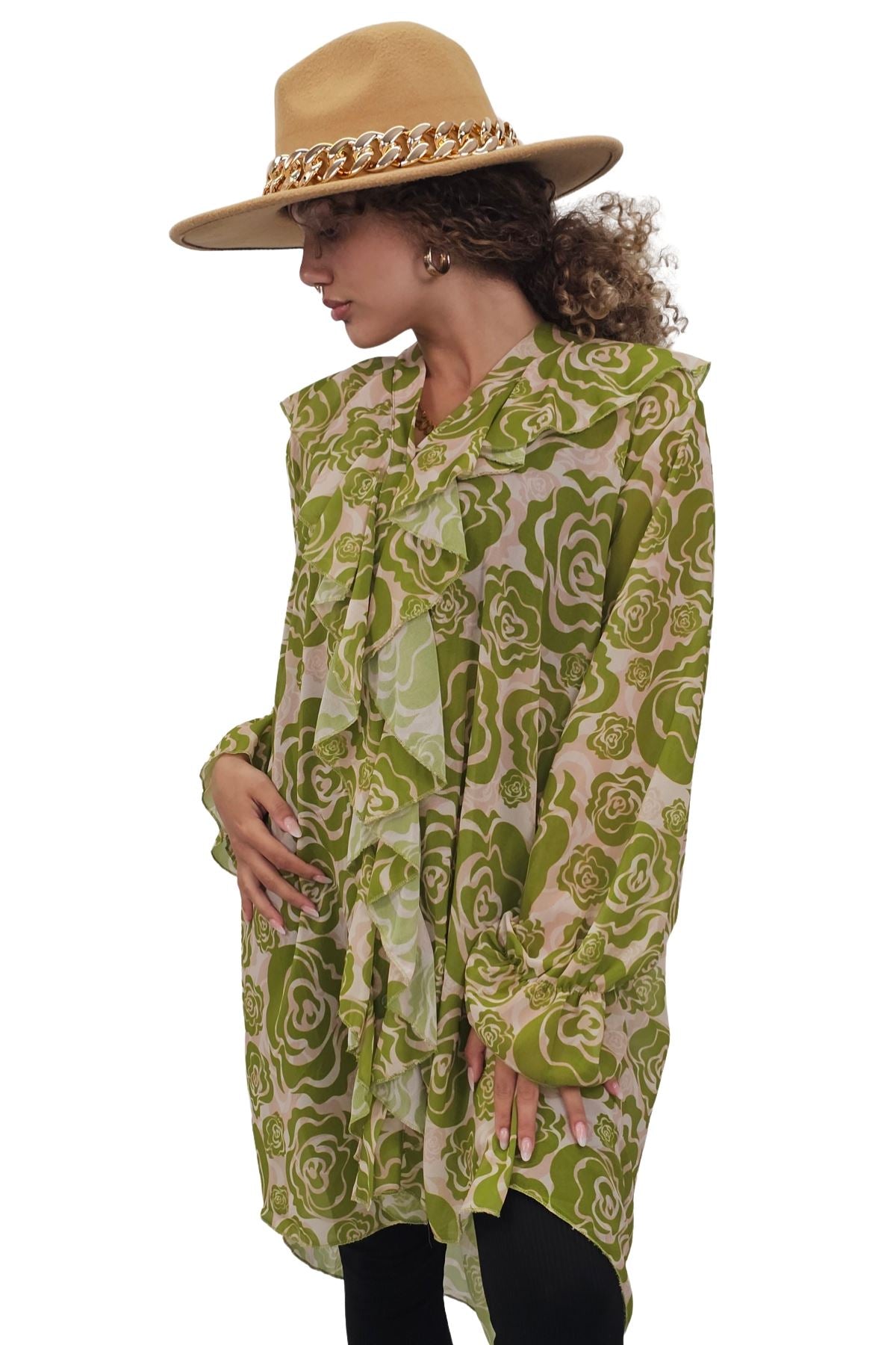 Floral Print Oversized Front Ruffle Top