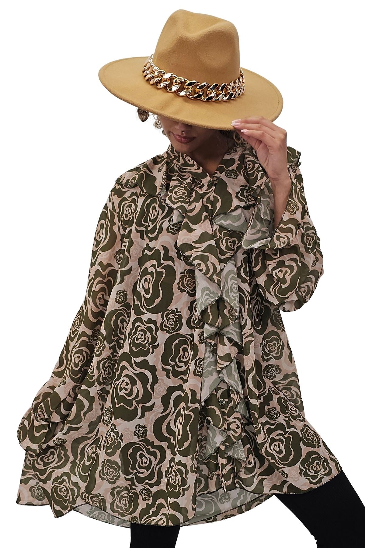 Floral Print Oversized Front Ruffle Top
