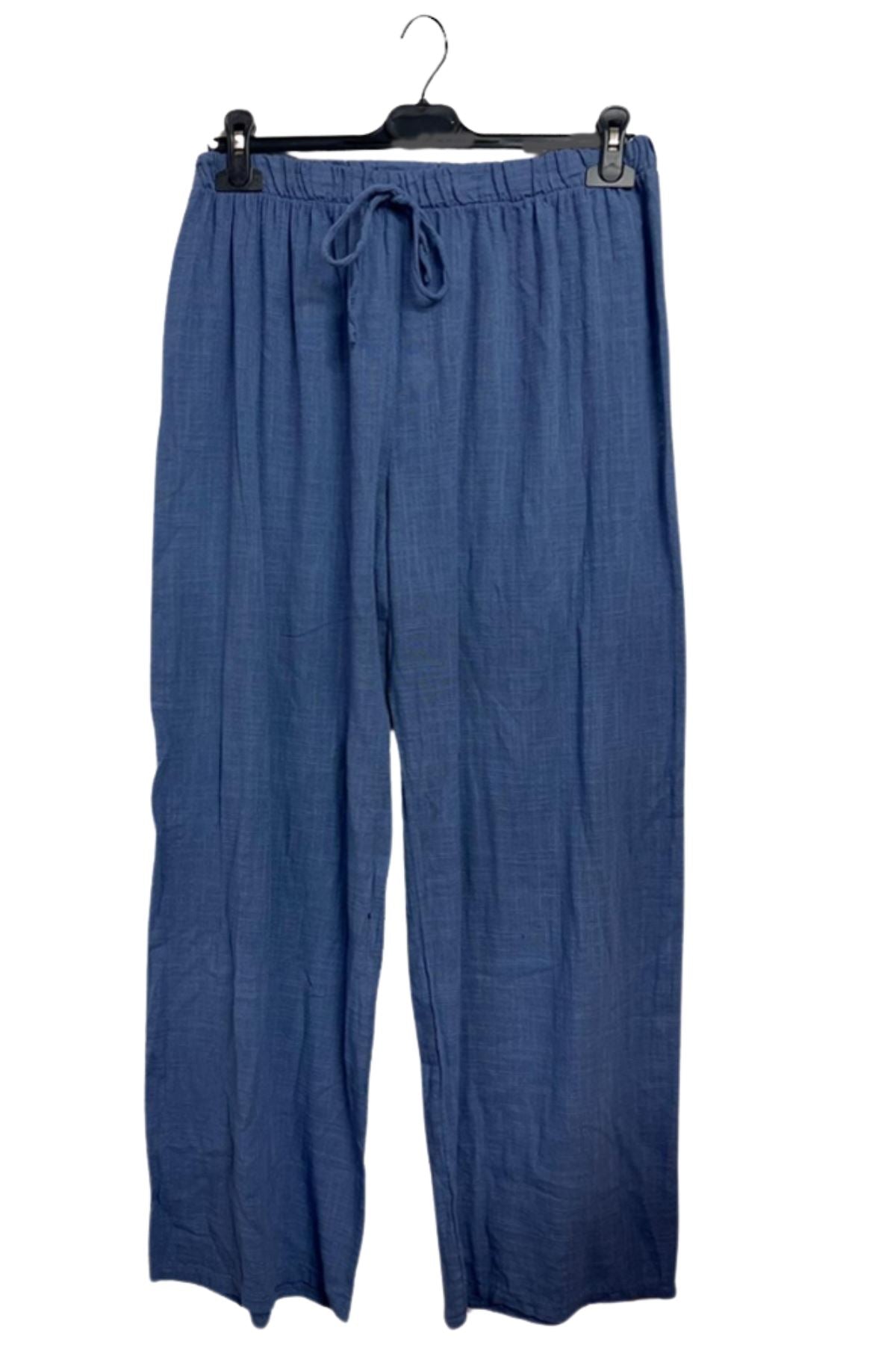 Plain Drawstring Wide Legs Cotton Trousers