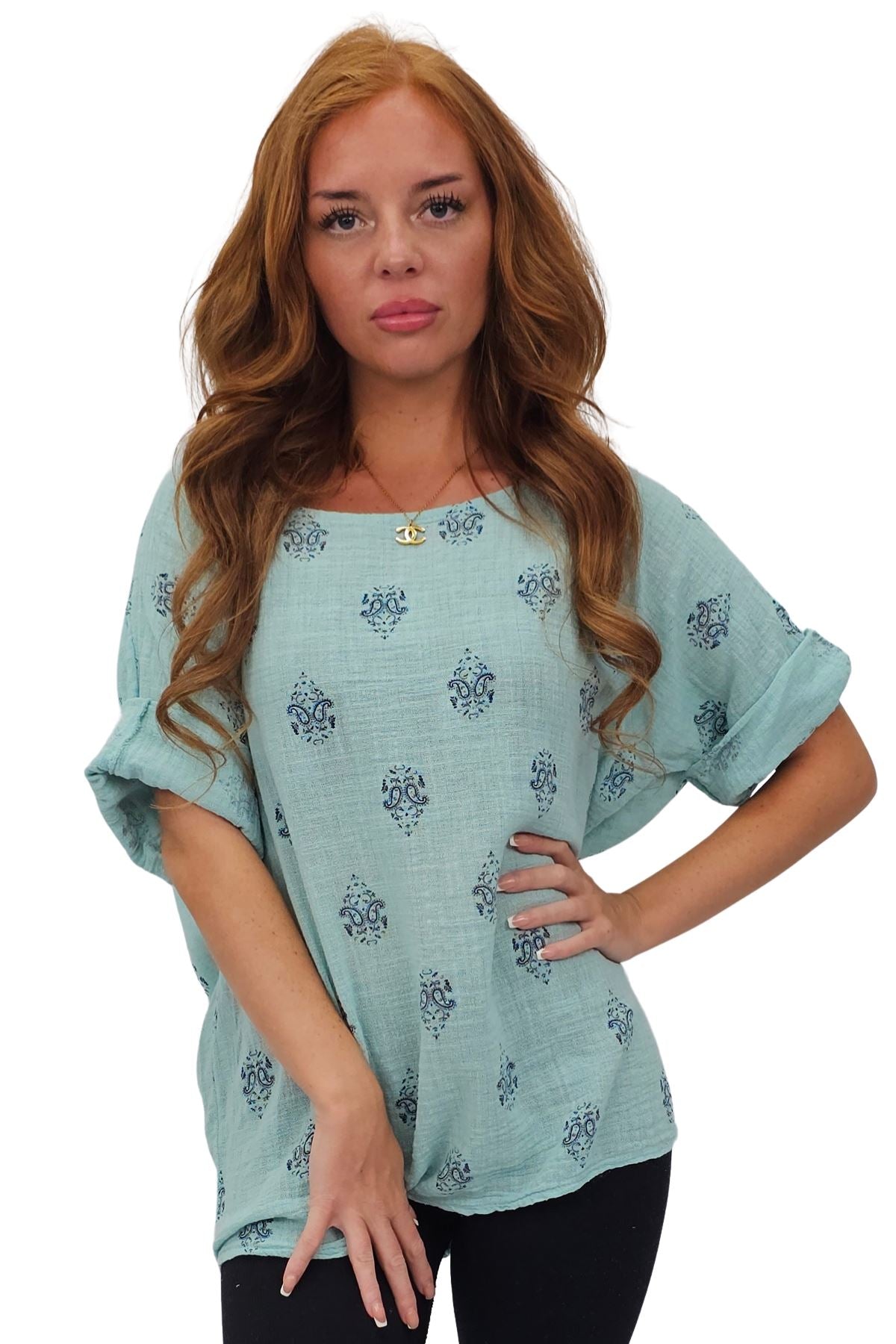 Block Print-Style Motifs Tunic Silhouette Cotton Top