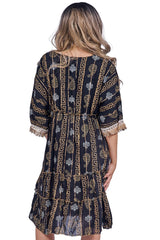 Geometric Greek Key Pattern Sequin Embellishments Bohemian Dress
