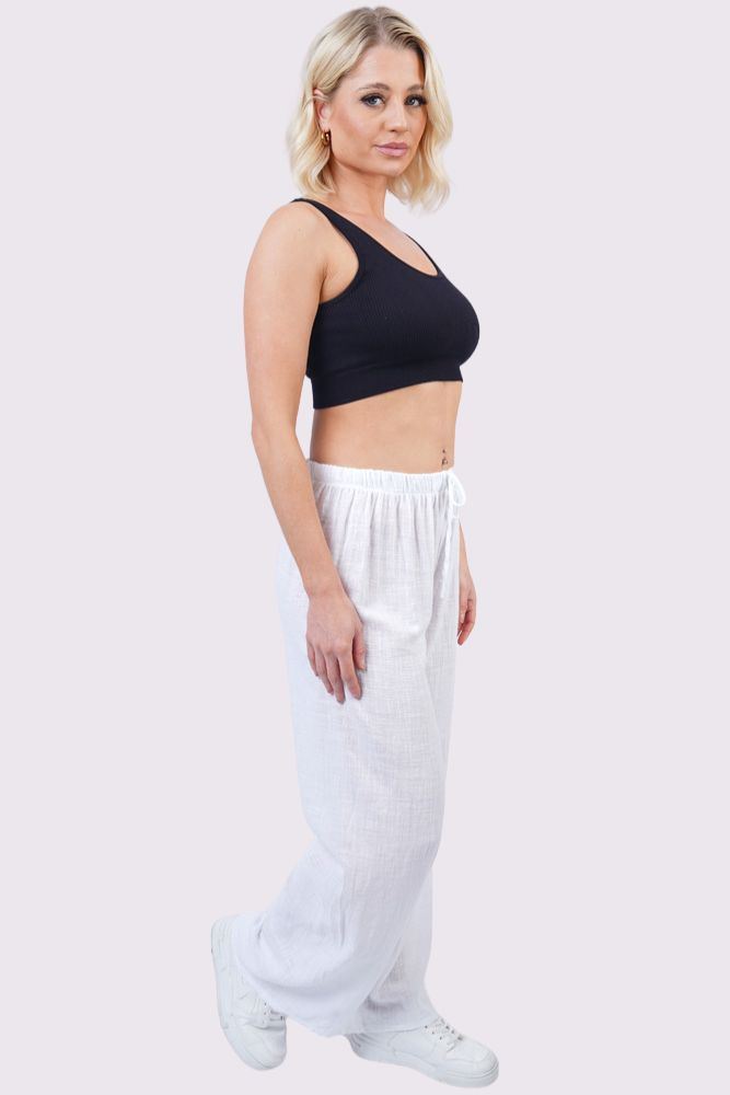 Plain Drawstring Wide Legs Cotton Trousers